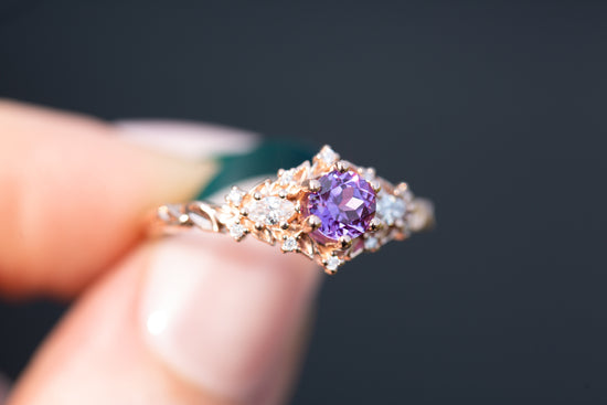 Load image into Gallery viewer, Briar rose three stone with 5mm round lab purple sapphire
