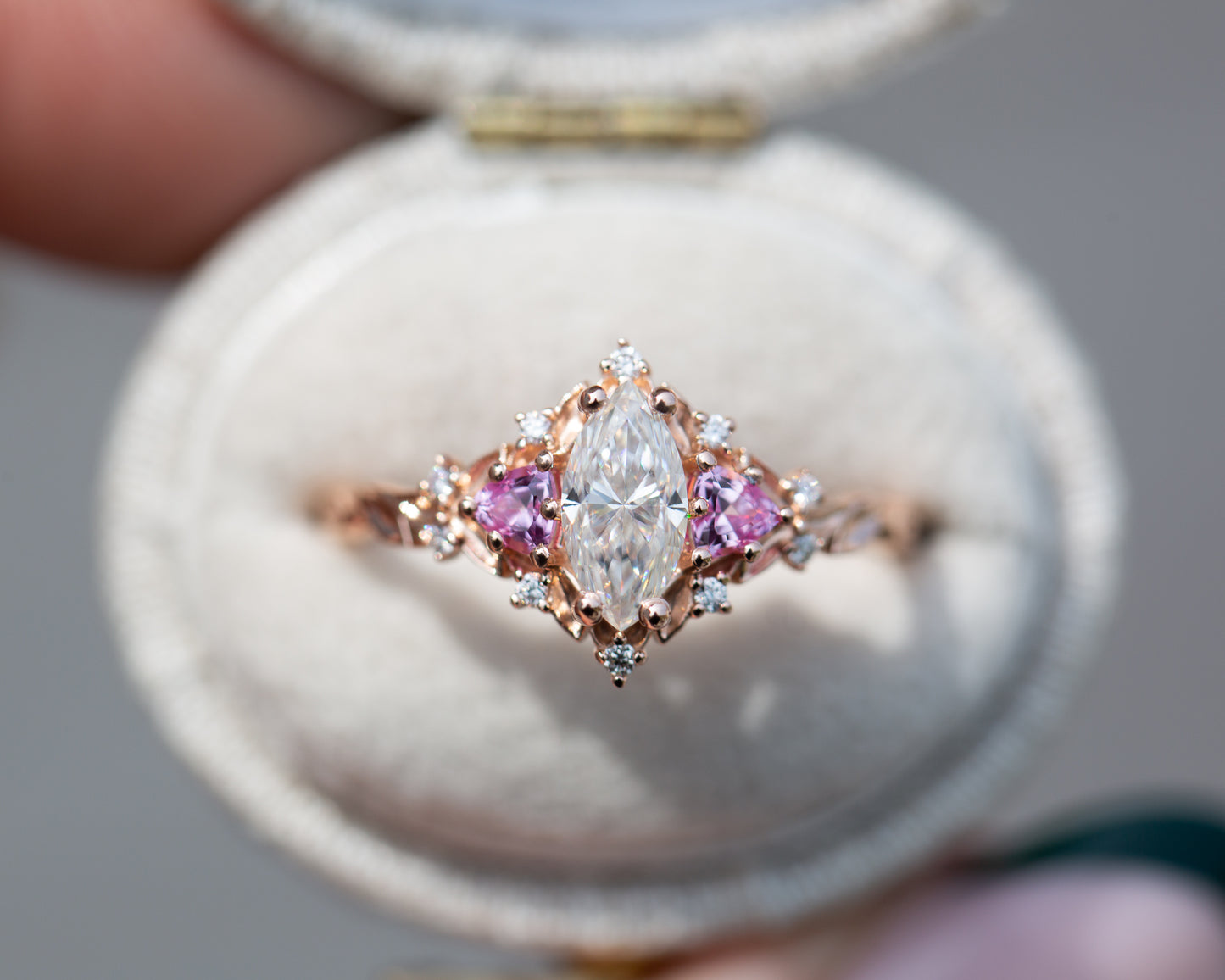 Briar rose three stone with moissanite and pink sapphire – Oore