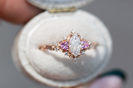 Load image into Gallery viewer, Briar rose three stone with marquise moissanite and pink sapphire

