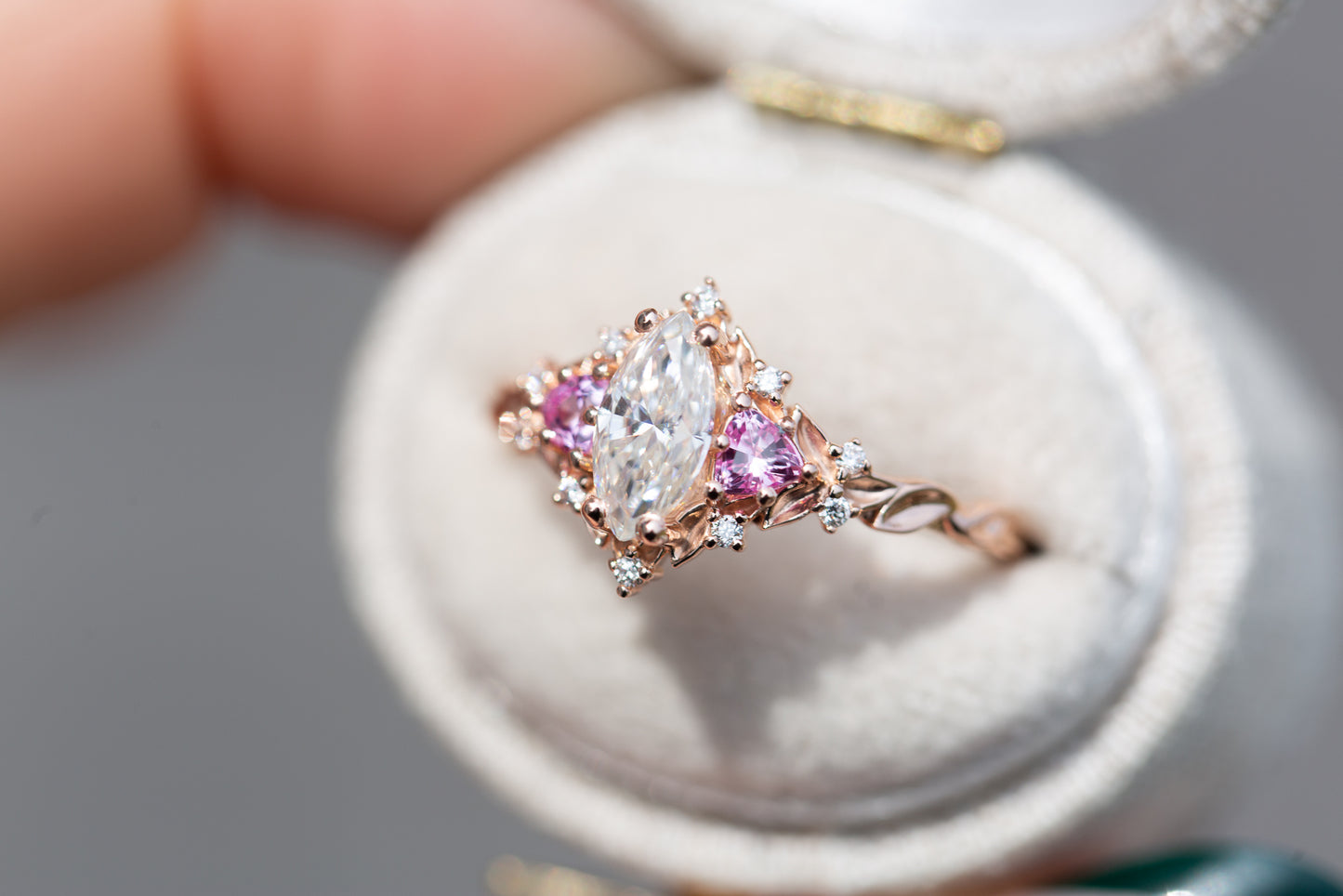 Load image into Gallery viewer, Briar rose three stone with marquise moissanite and pink sapphire
