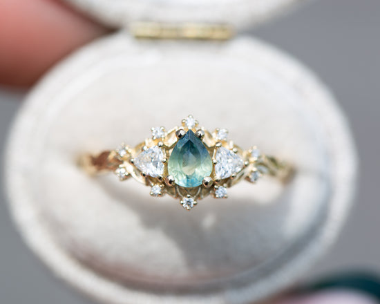 Load image into Gallery viewer, Briar rose three stone with unique pear sapphire center

