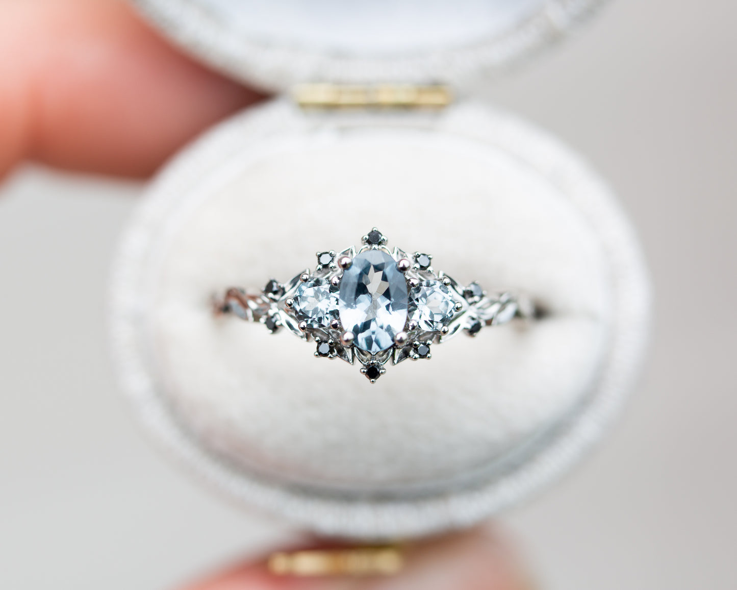 Load image into Gallery viewer, Briar rose three stone with grey spinel and black diamonds
