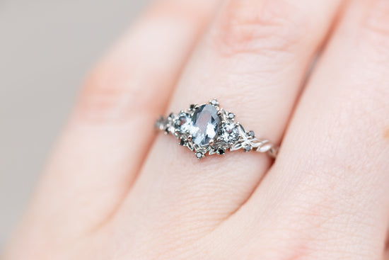 Load image into Gallery viewer, Briar rose three stone with grey spinel and black diamonds
