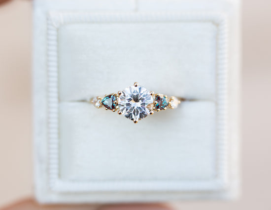 Round moissanite and alexandrite five stone ring