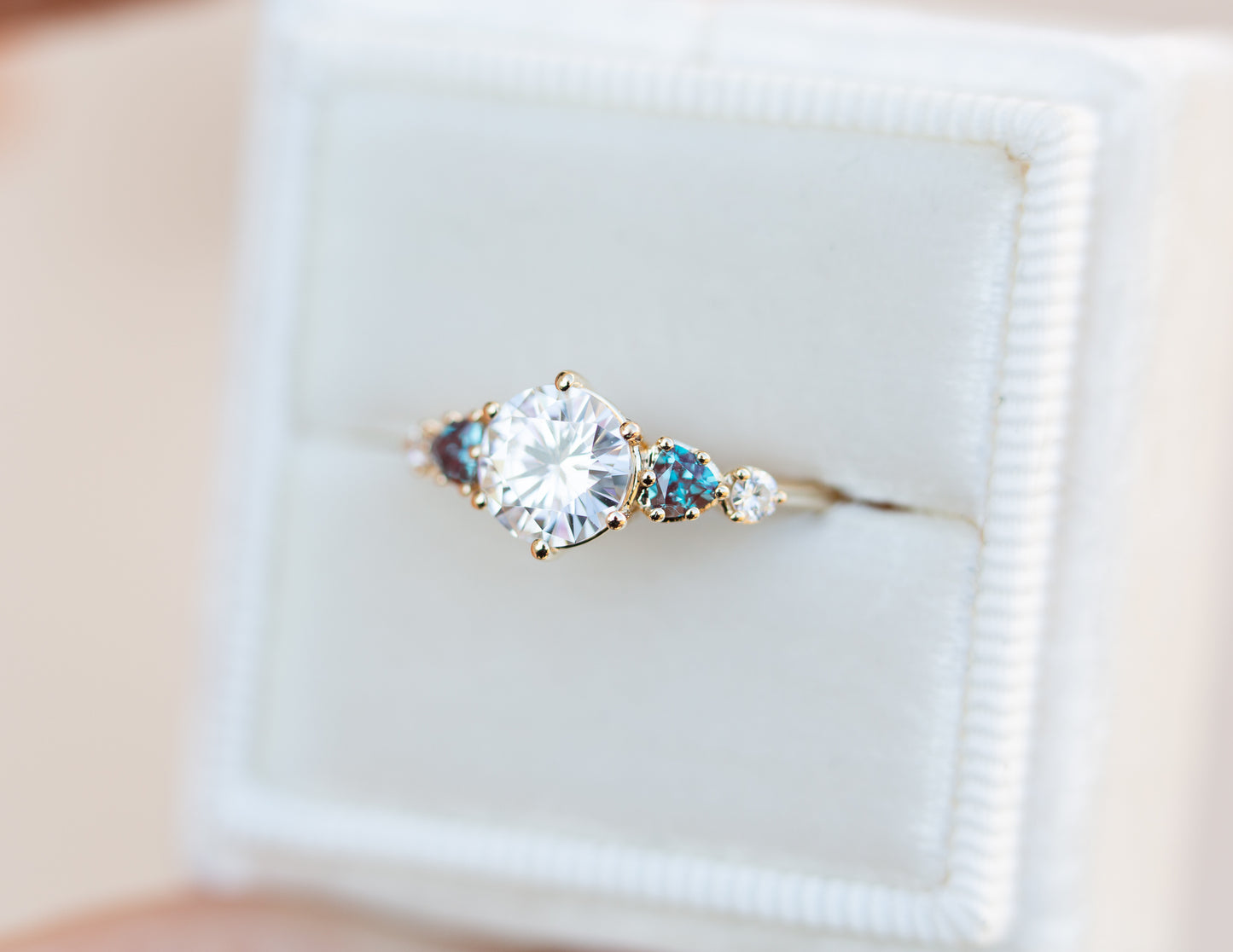 Round moissanite and alexandrite five stone ring