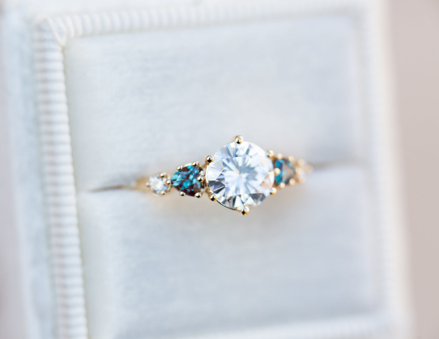 Round moissanite and alexandrite five stone ring