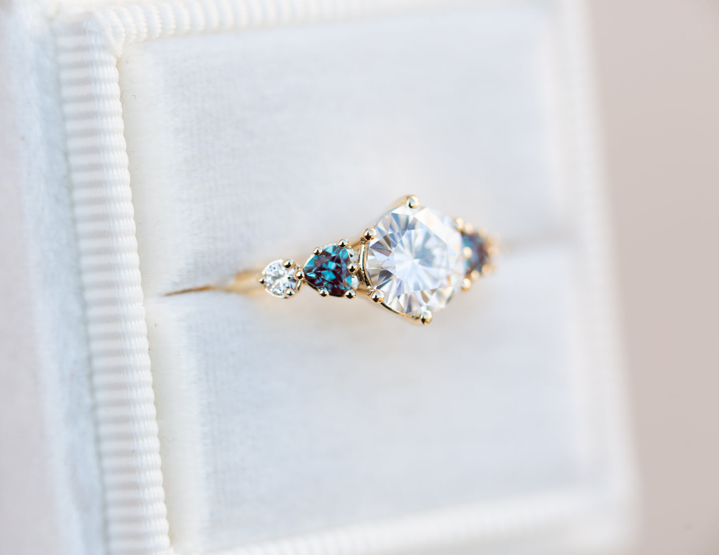 Round moissanite and alexandrite five stone ring