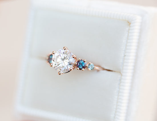 Load image into Gallery viewer, Five stone ring with round moissanite and gemstone side stones
