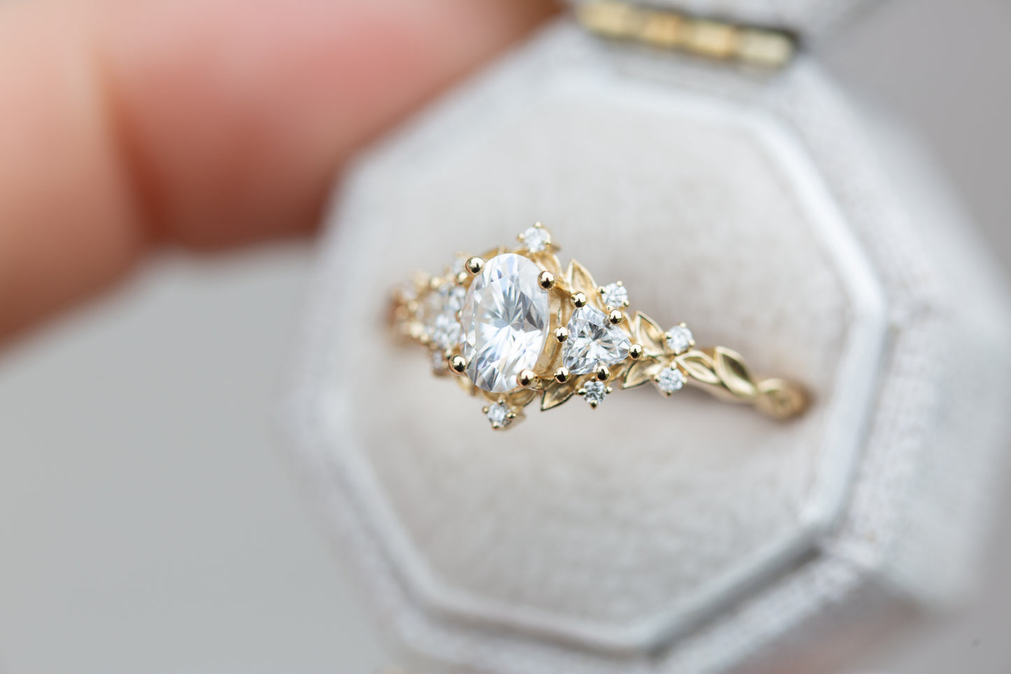 Load image into Gallery viewer, Briar rose three stone with oval moissanite (fairy queen ring)
