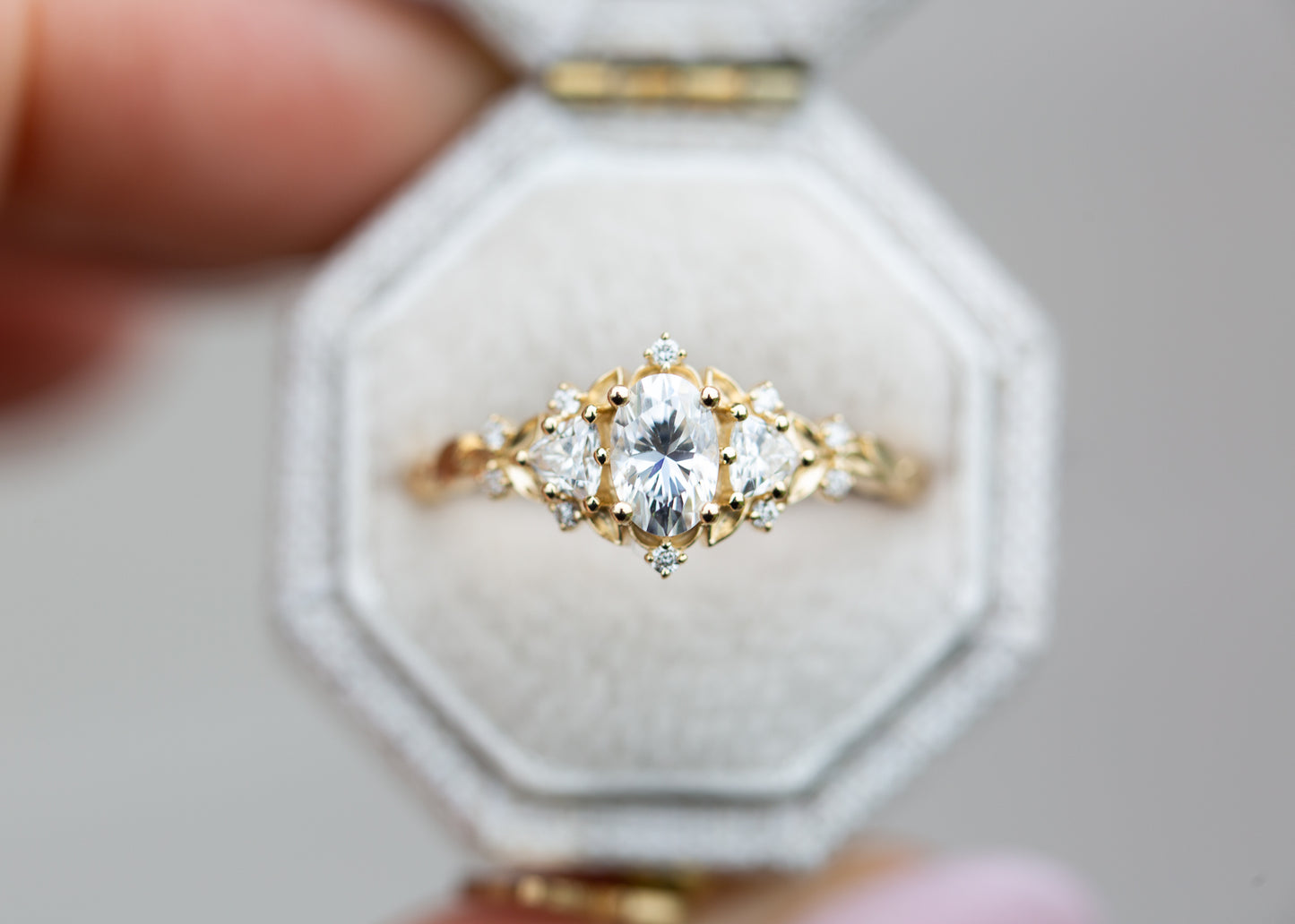 Load image into Gallery viewer, Briar rose three stone with oval moissanite (fairy queen ring)
