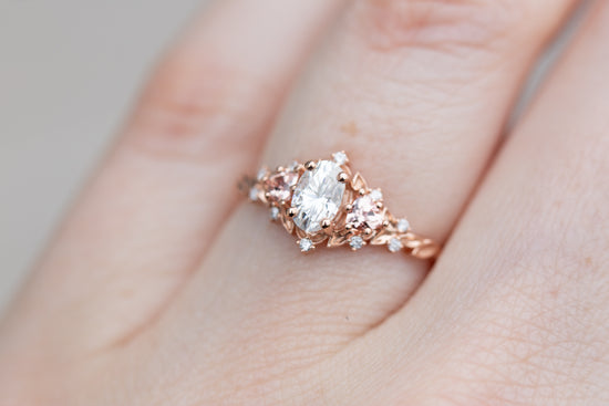 Briar rose three stone with oval moissanite and lab peach sapphire (fairy queen ring)