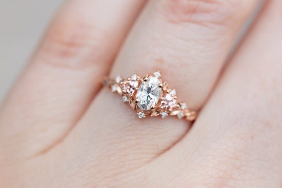 Briar rose three stone with oval moissanite and lab peach sapphire (fairy queen ring)