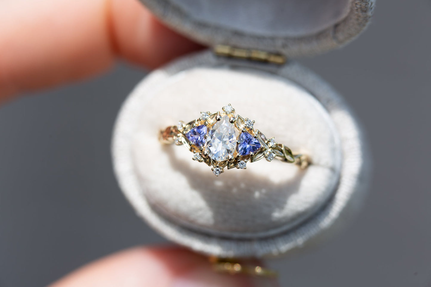 READY TO SHIP SIZE 5.25 14k rose Briar rose three stone with pear moissanite and tanzanite (fairy queen ring)