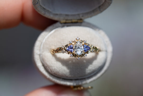 Briar rose three stone with pear moissanite and tanzanite (fairy queen ring)