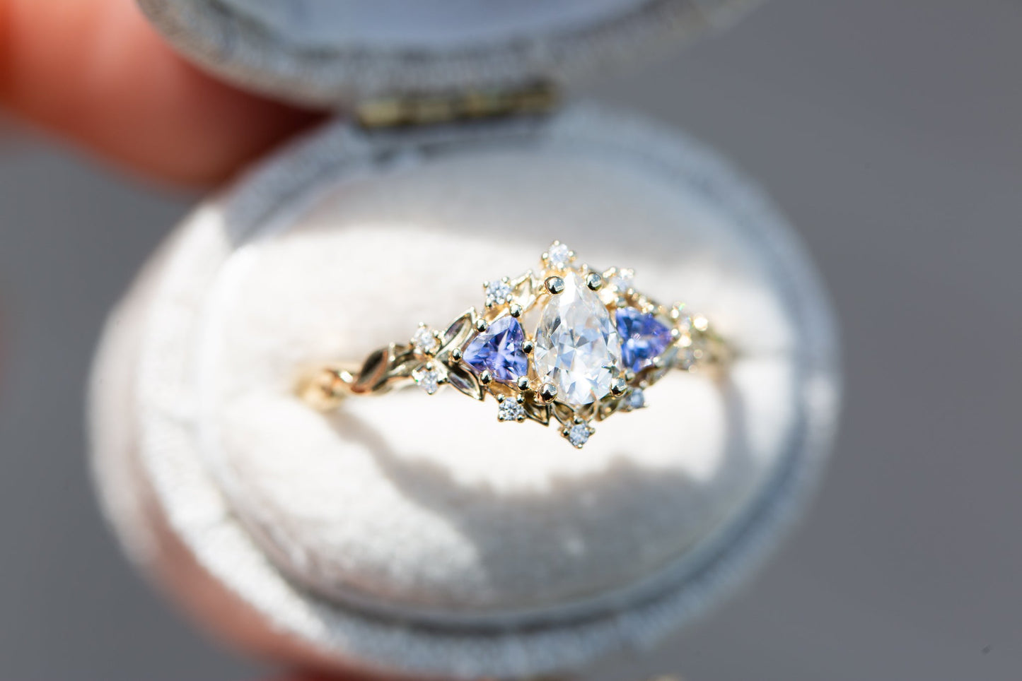 Load image into Gallery viewer, READY TO SHIP SIZE 5.25 14k rose Briar rose three stone with pear moissanite and tanzanite (fairy queen ring)
