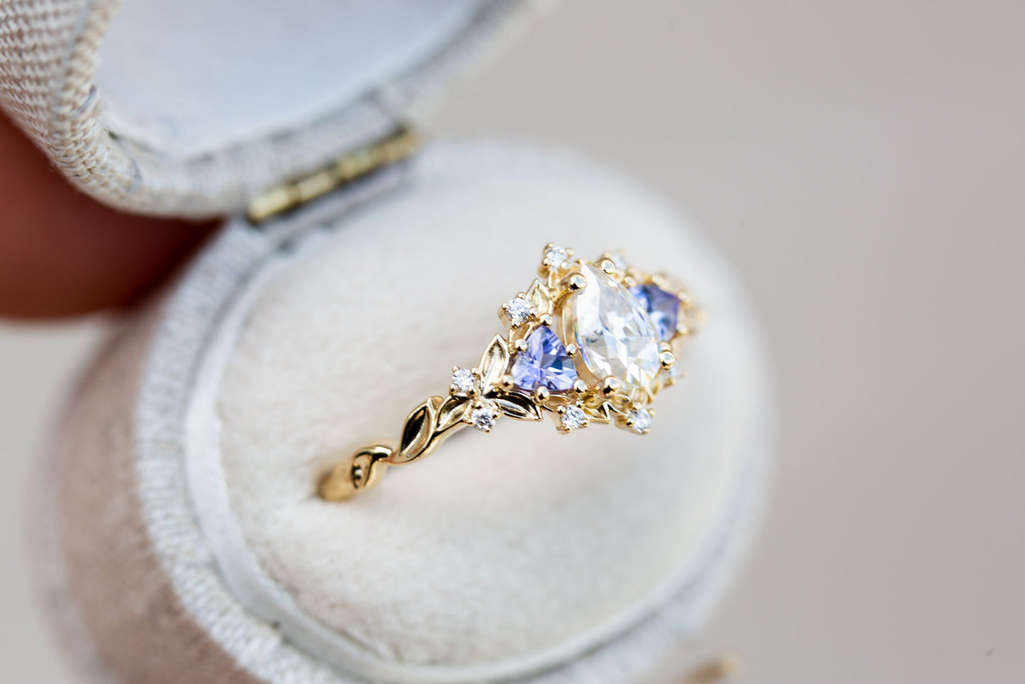 Load image into Gallery viewer, READY TO SHIP SIZE 5.25 14k rose Briar rose three stone with pear moissanite and tanzanite (fairy queen ring)
