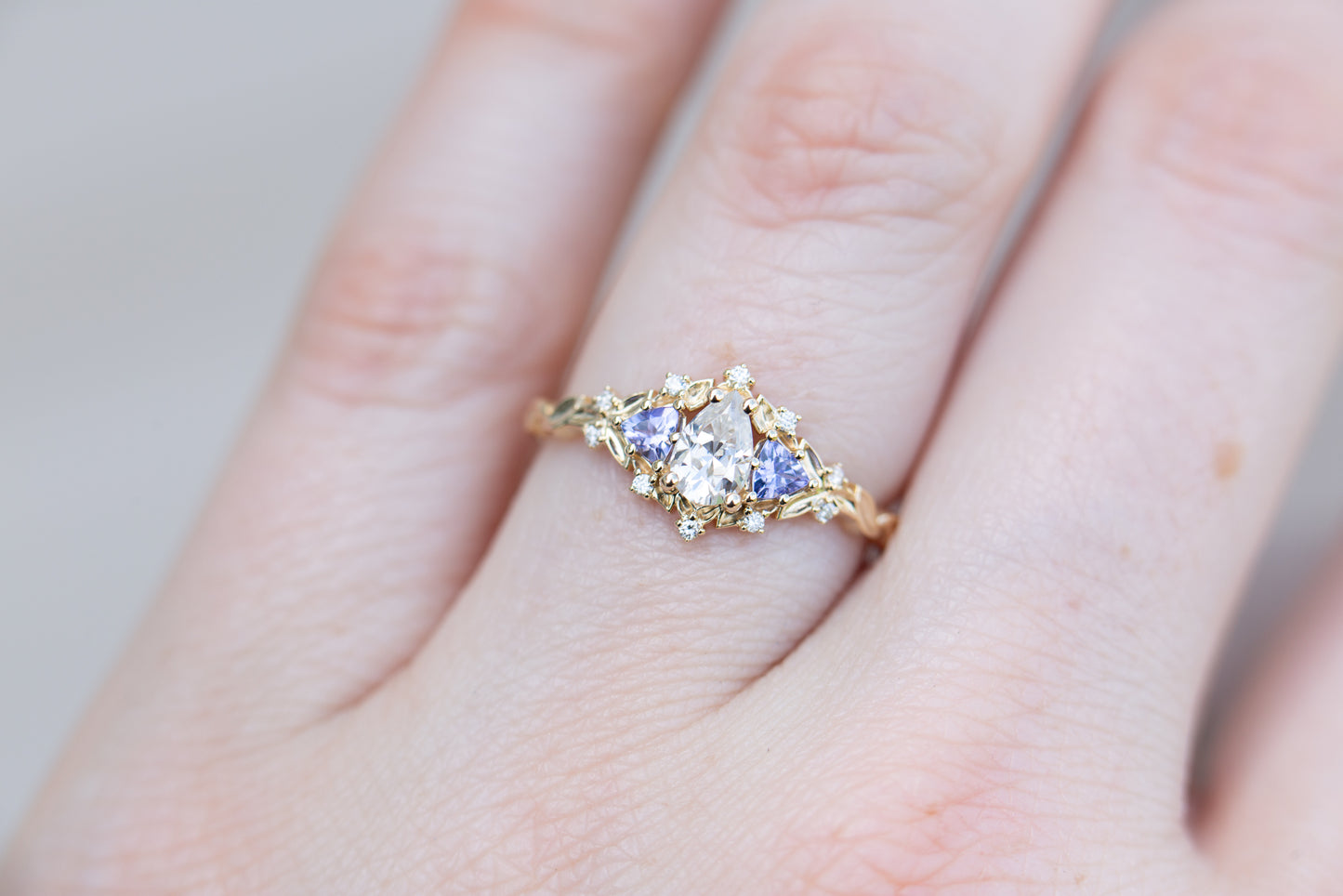 Briar rose three stone with pear moissanite and tanzanite (fairy queen ring)