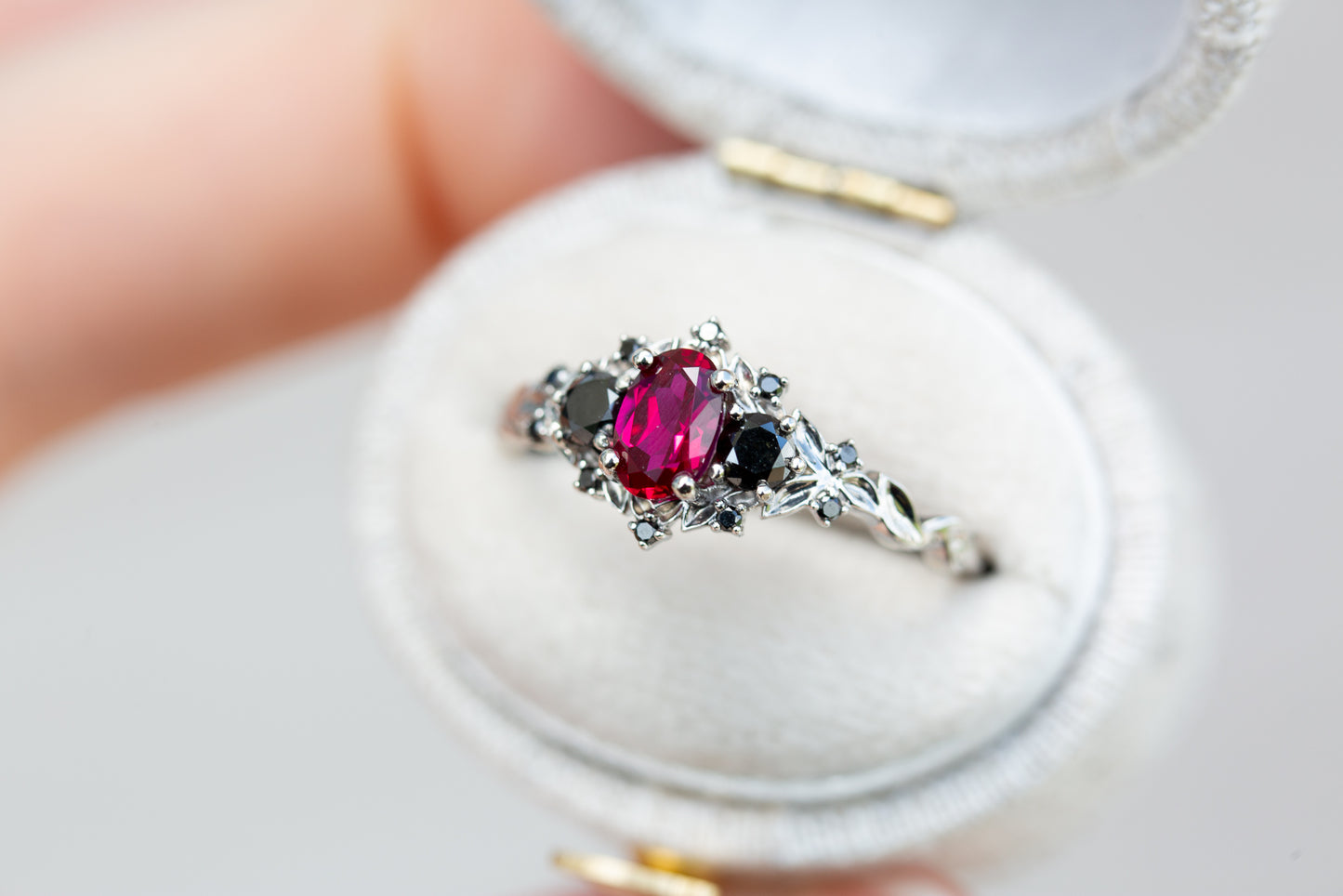 Load image into Gallery viewer, Briar rose three stone with ruby and black diamonds
