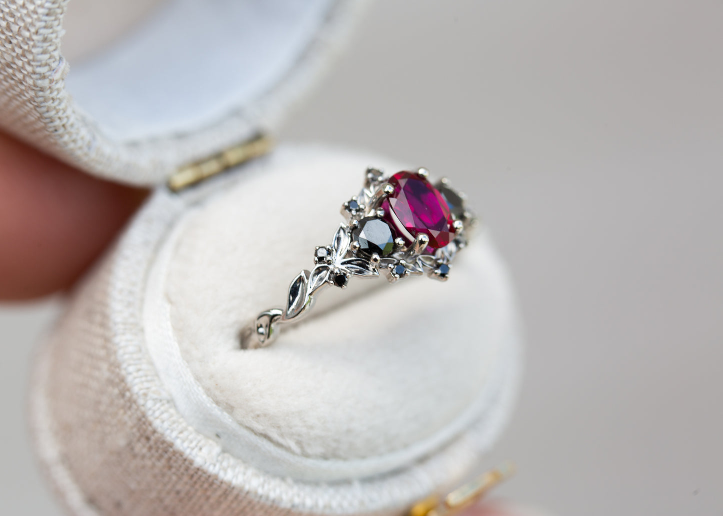 Pink Tourmaline,Onyx Emerald Antique Style Three Stone ring - 14K White  Gold |JewelsForMe