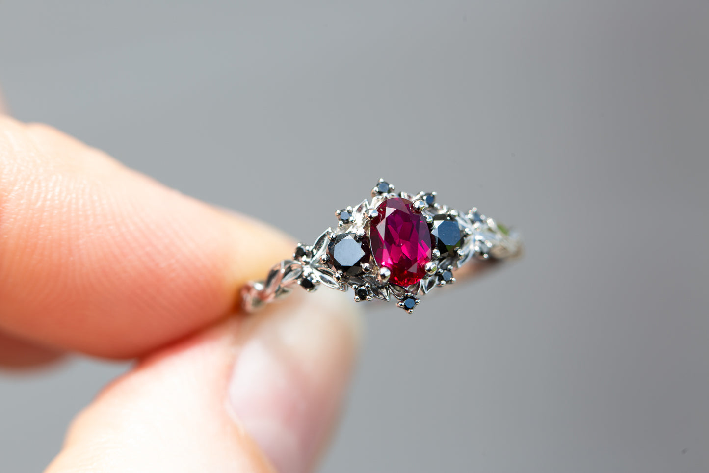 Load image into Gallery viewer, Briar rose three stone with ruby and black diamonds
