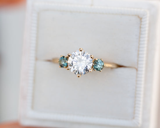 Load image into Gallery viewer, Round moissanite and sapphire three stone ring
