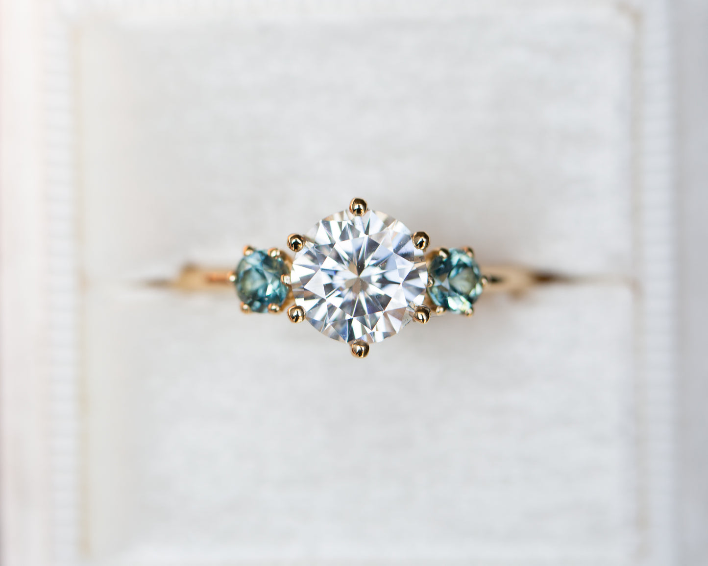 Load image into Gallery viewer, Round moissanite and sapphire three stone ring
