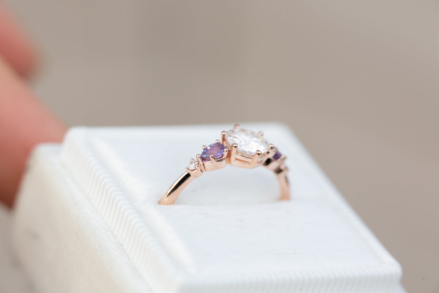 Load image into Gallery viewer, Round moissanite five stone ring with purple sapphires
