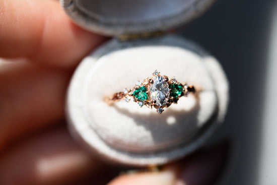 Briar rose three stone with oval moissanite and lab emerald (fairy queen ring)