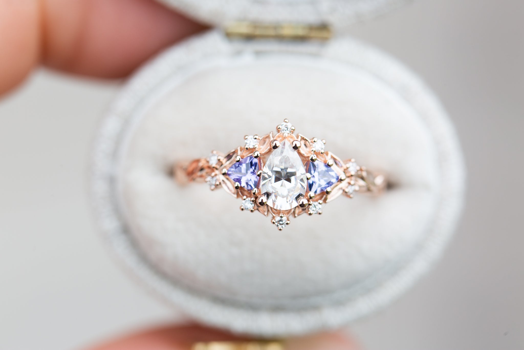 Briar Rose Three Stone with pear moissanite and tanzanite (fairy