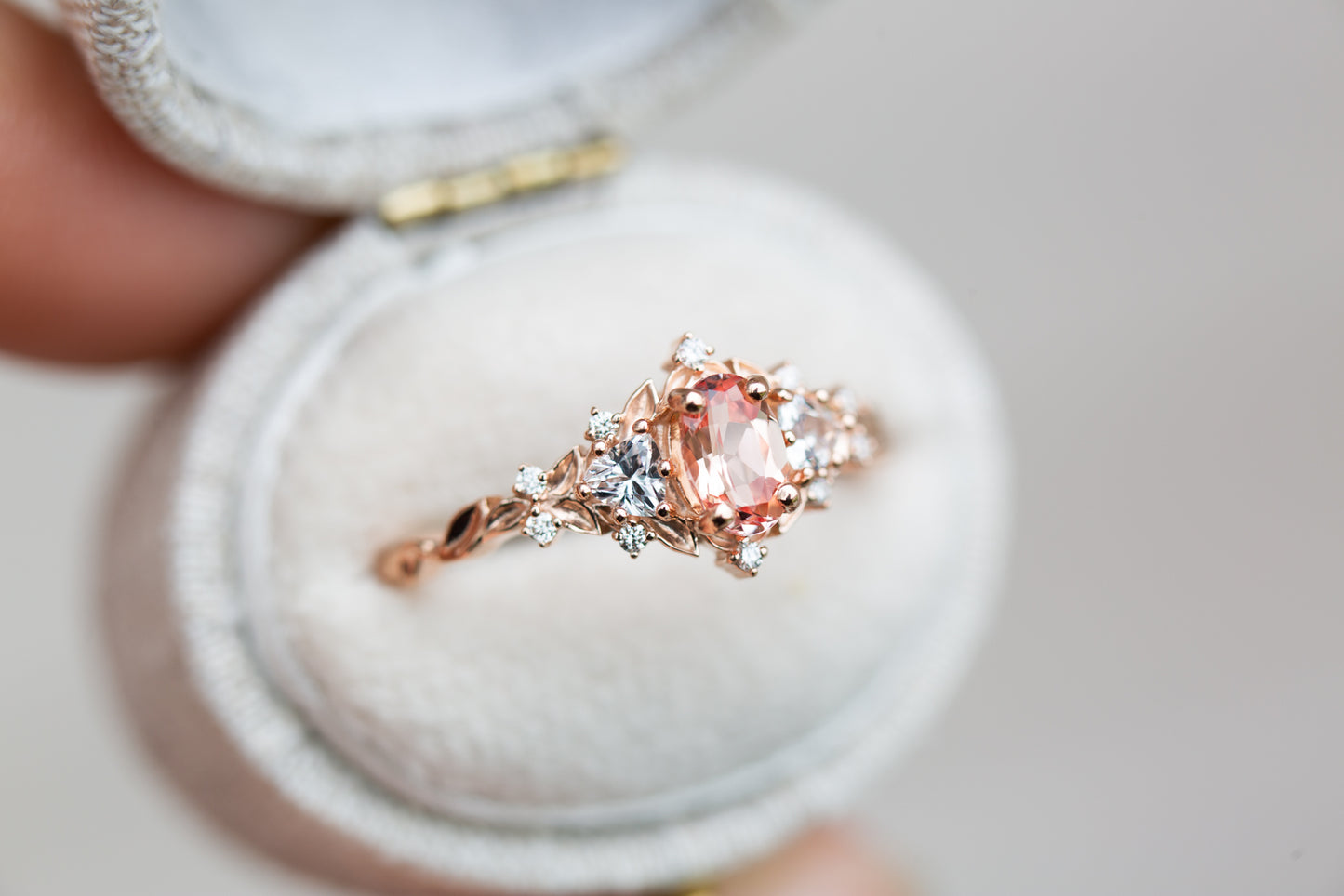 Load image into Gallery viewer, Briar rose three stone with oval lab peach sapphire (fairy queen ring)
