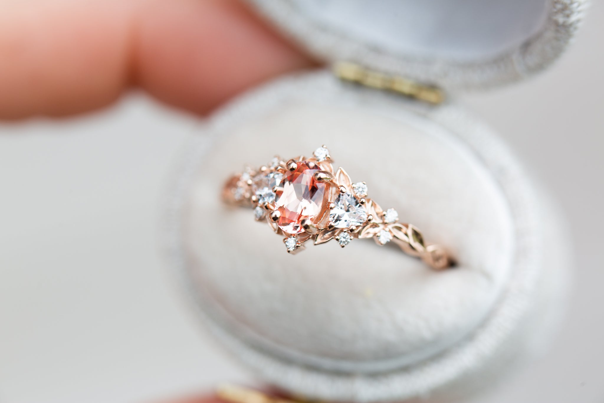 Briar Rose Three Stone with oval lab peach sapphire (fairy queen