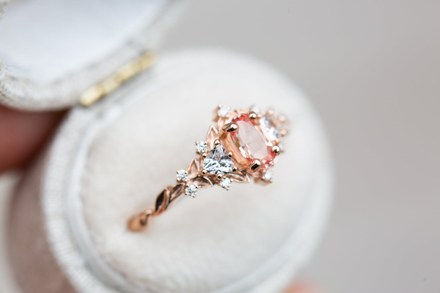Briar rose three stone with oval lab peach sapphire (fairy queen ring)