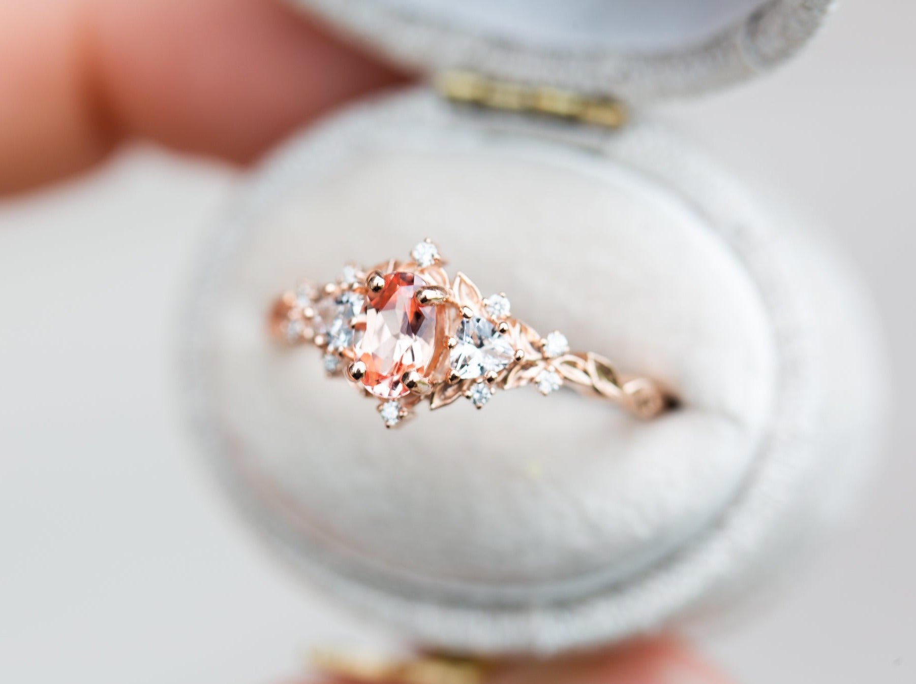 Briar rose three stone with oval lab peach sapphire (fairy queen ring)