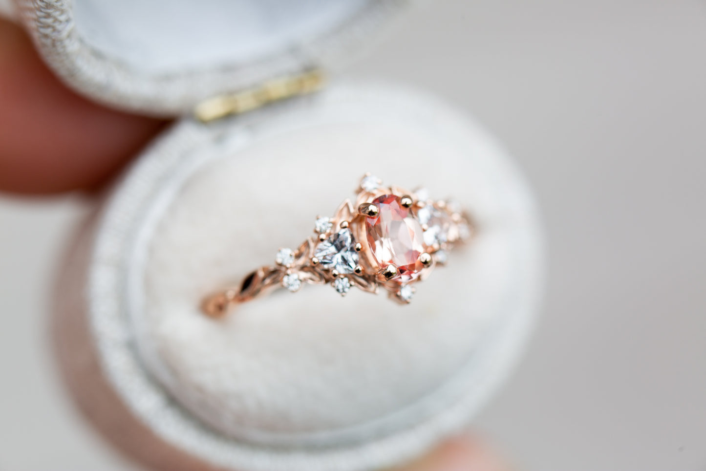 Load image into Gallery viewer, Briar rose three stone with oval lab peach sapphire (fairy queen ring)
