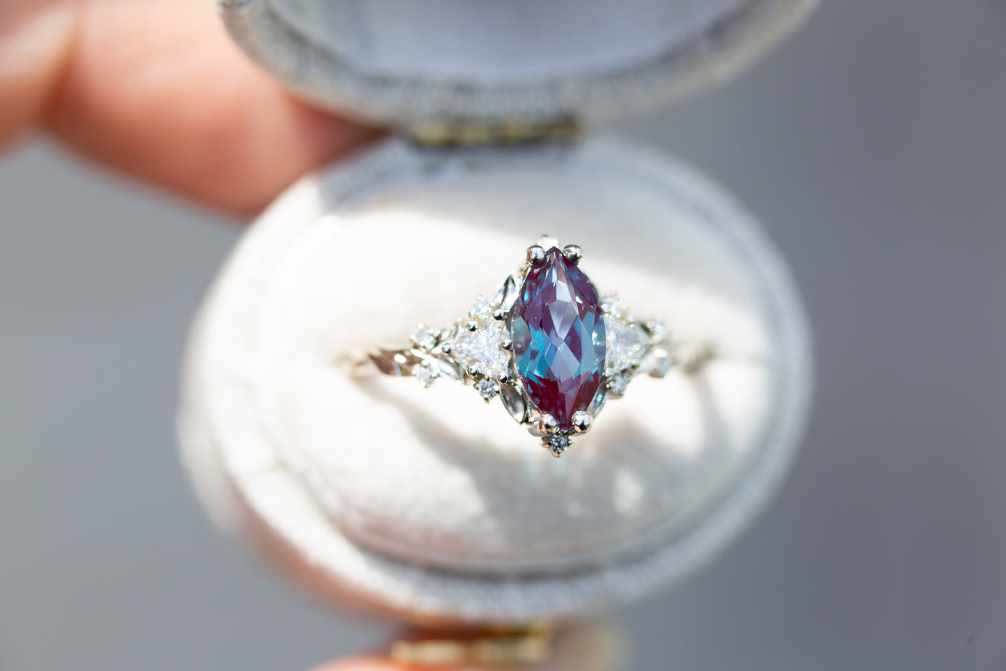 Load image into Gallery viewer, Briar rose three stone with marquise alexandrite
