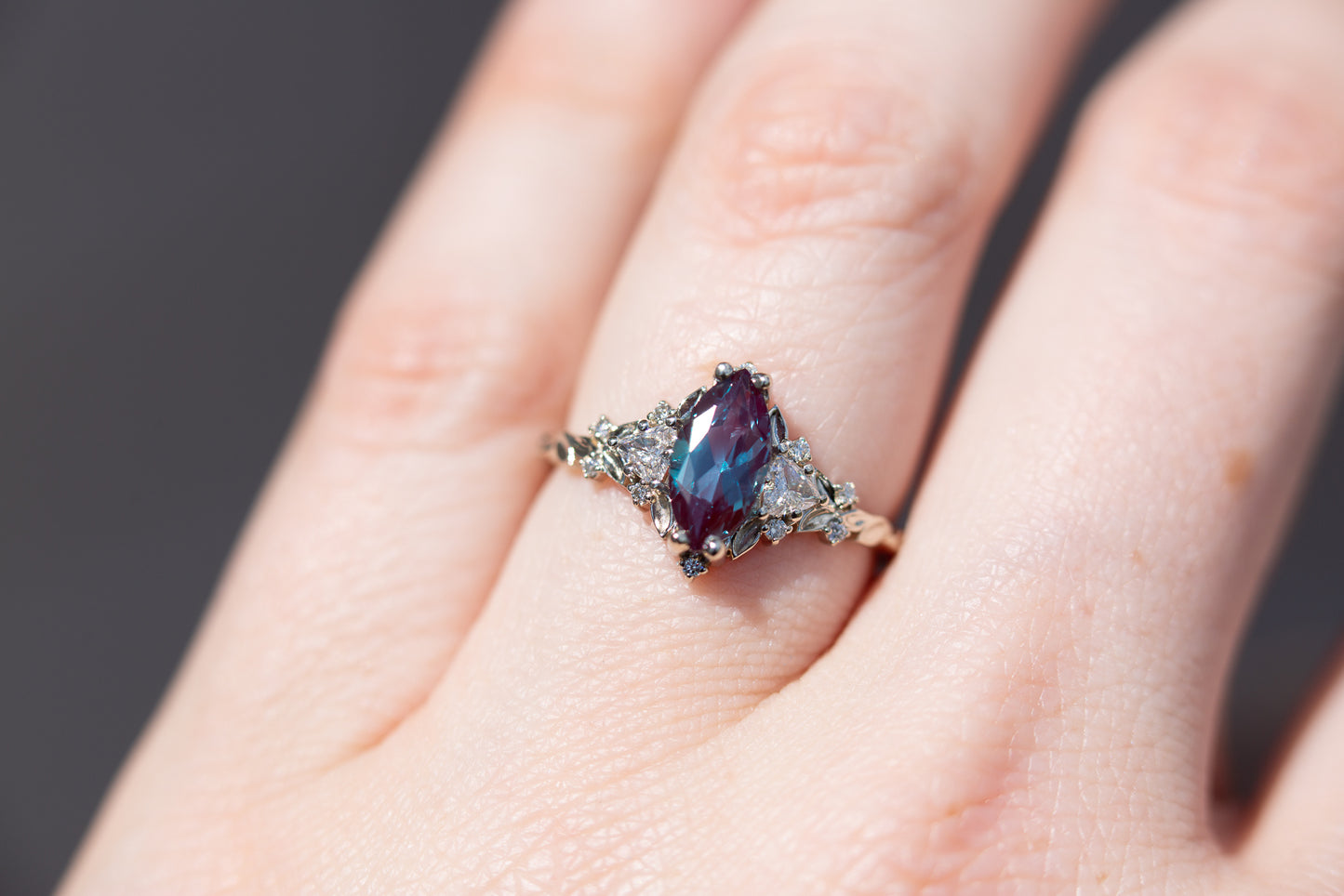 Load image into Gallery viewer, Briar rose three stone with marquise alexandrite
