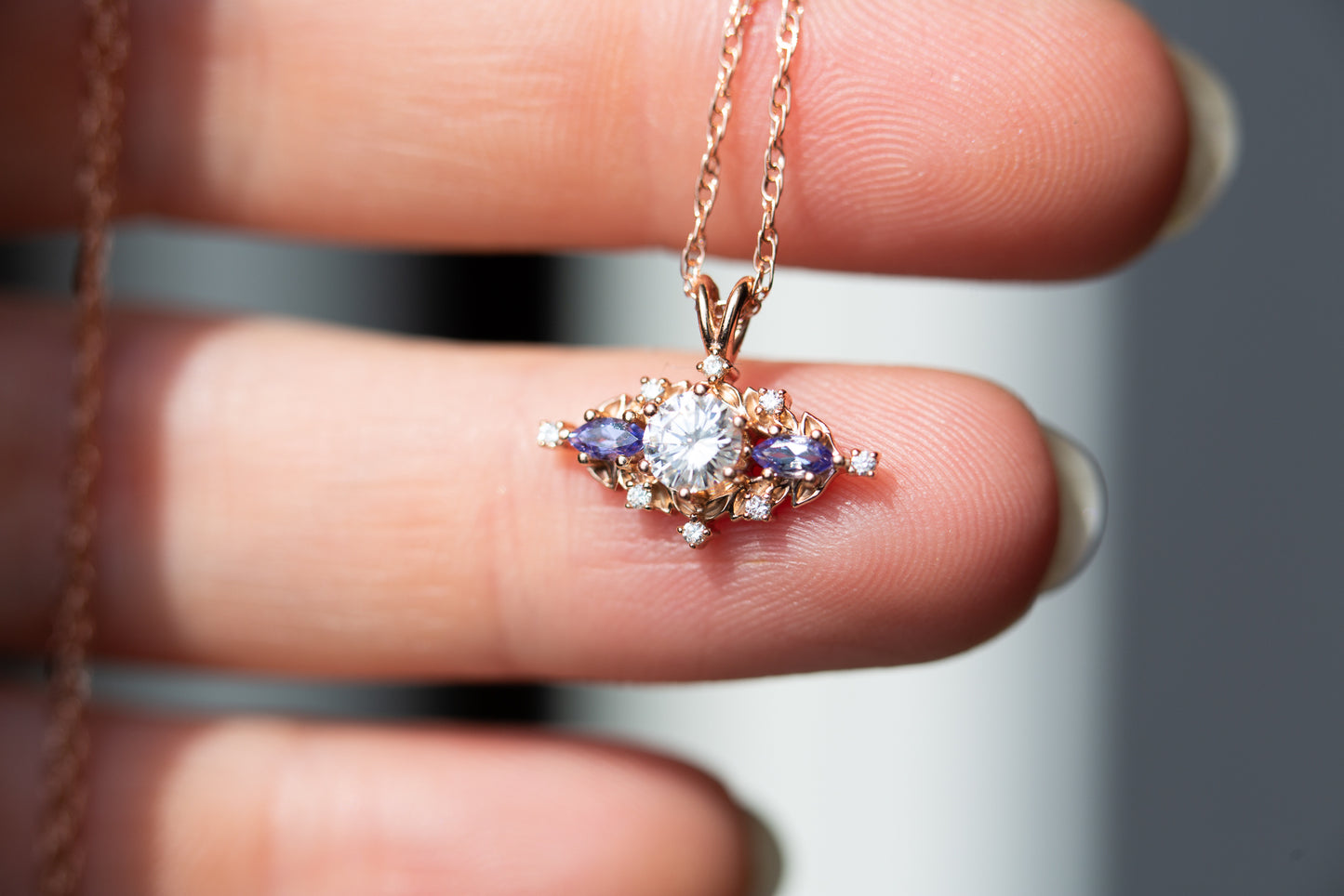 Load image into Gallery viewer, Briar rose three stone necklace with moissanite/tanzanite
