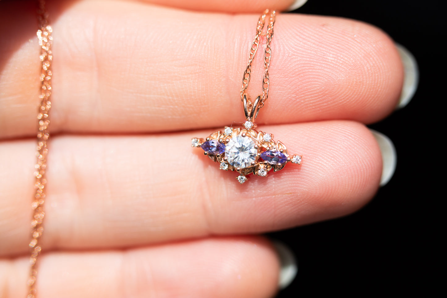 Load image into Gallery viewer, Briar rose three stone necklace with moissanite/tanzanite
