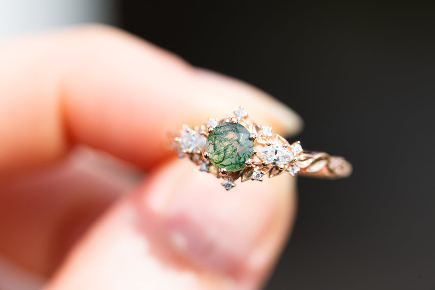 Briar rose three stone with moss agate