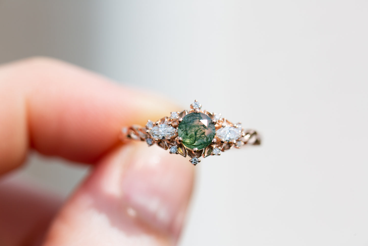 Briar rose three stone with moss agate