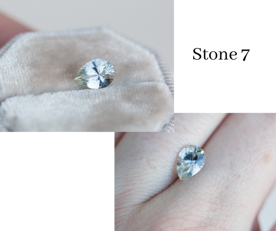 Pastel seafoam pear sapphire five stone ring with diamond side stones