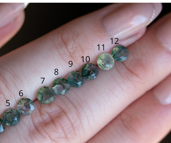 Round moss agate five stone ring with diamond side stones