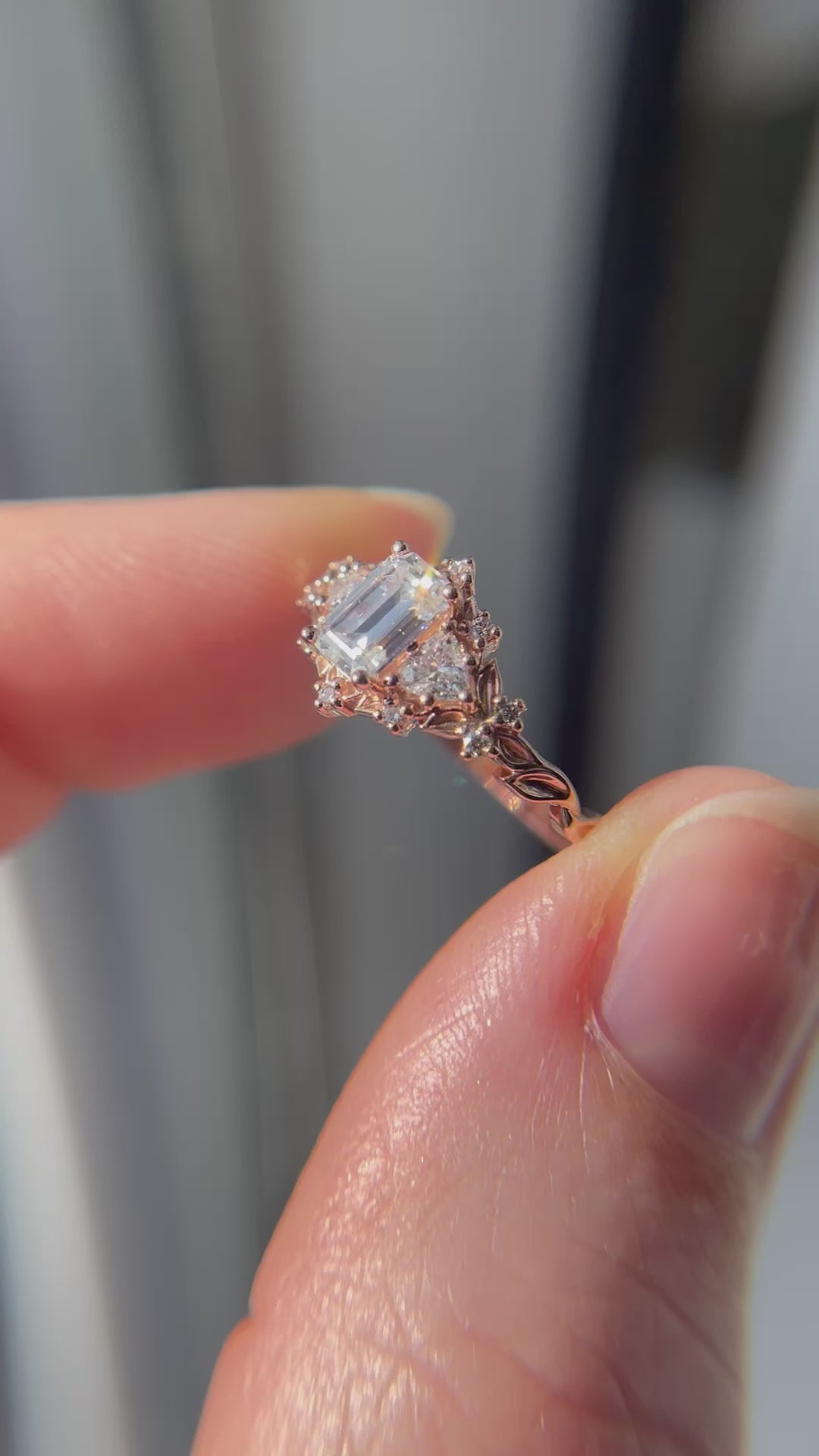 Load and play video in Gallery viewer, Briar rose three stone with 6x4mm emerald cut moissanite

