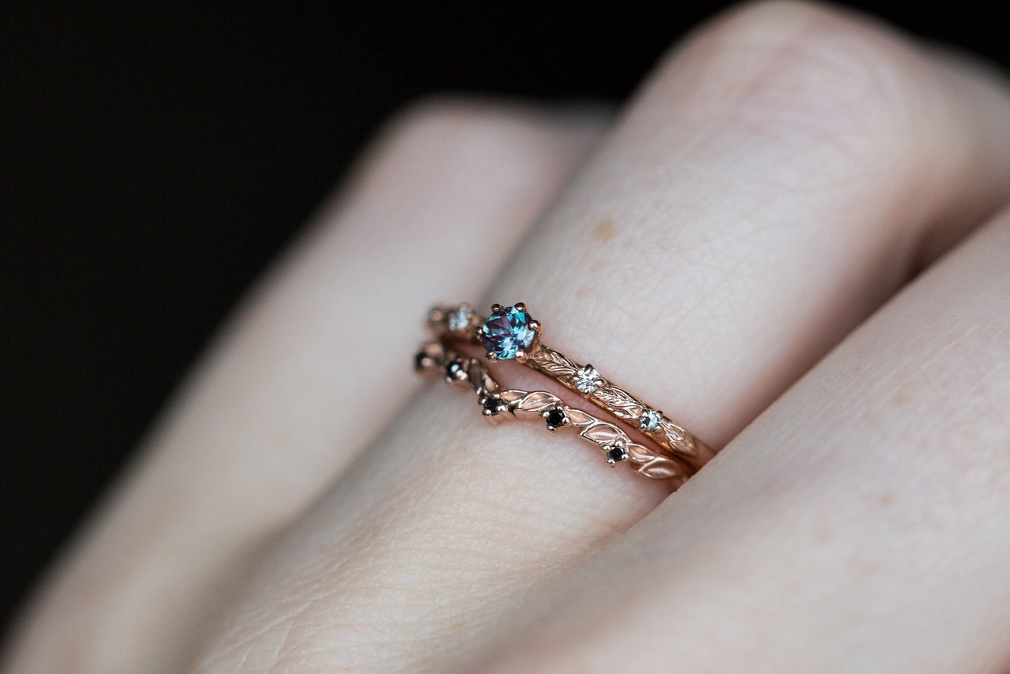 Curved leaf black diamond wedding band – Oore jewelry