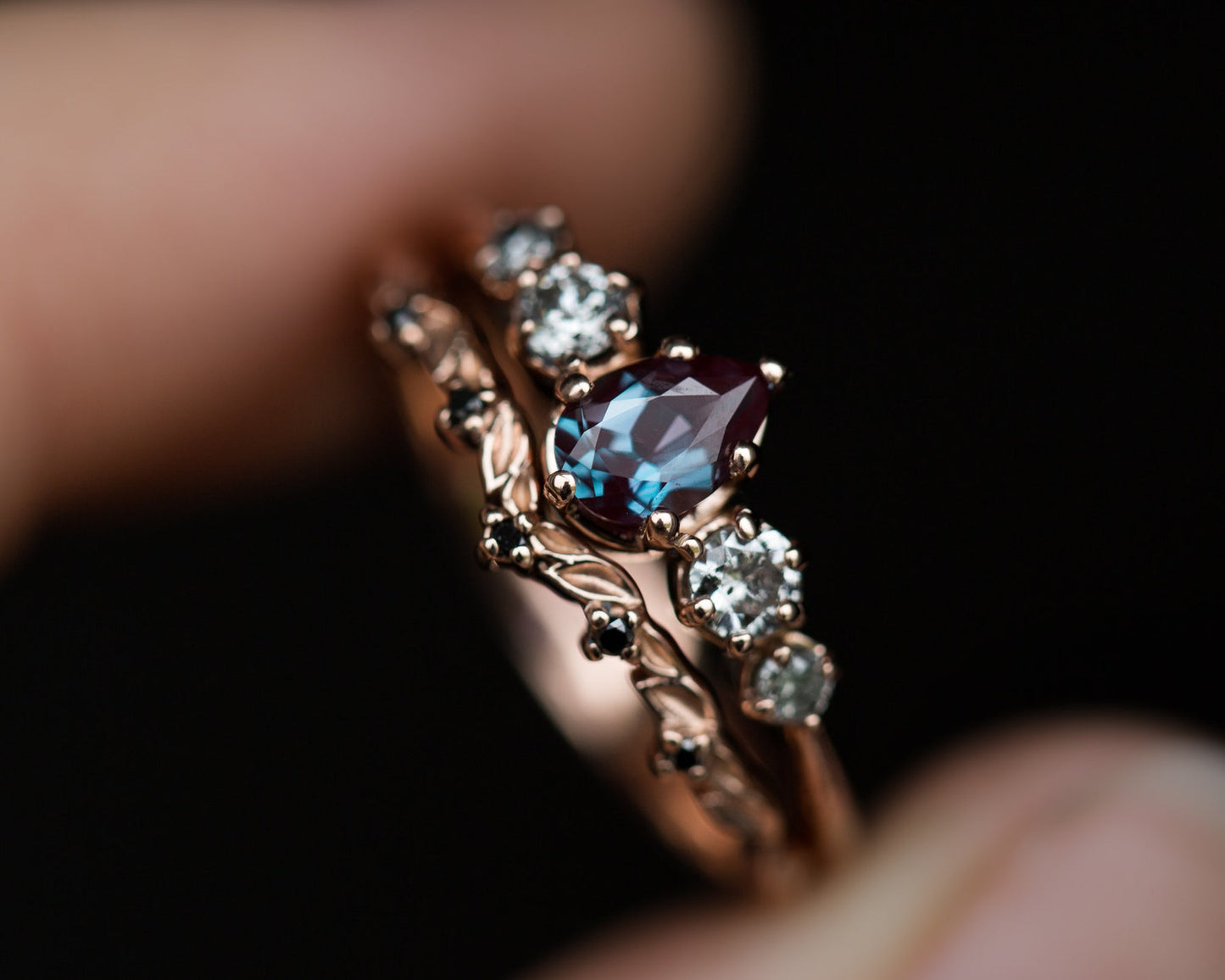 Pear alexandrite five stone ring with grey diamonds