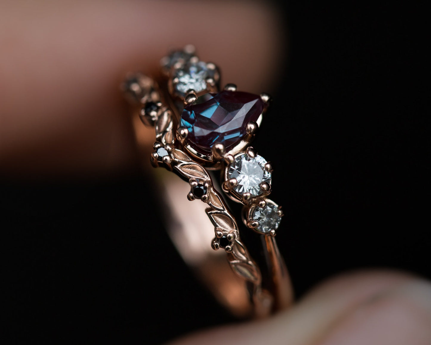 Pear alexandrite five stone ring with grey diamonds