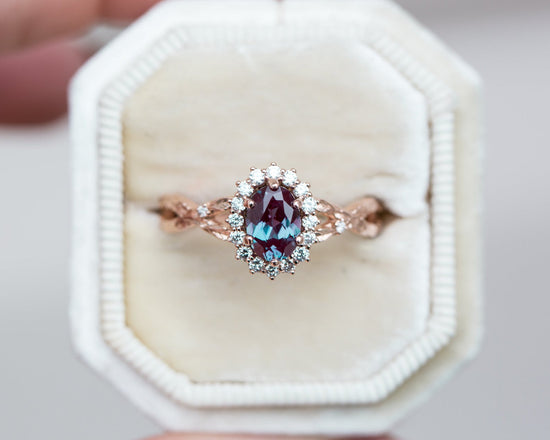 Oval alexandrite halo leaf engagement ring