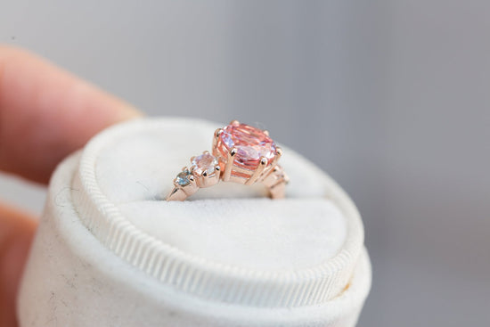 Peach sapphire five stone ring, sailor moon inspired engagement ring