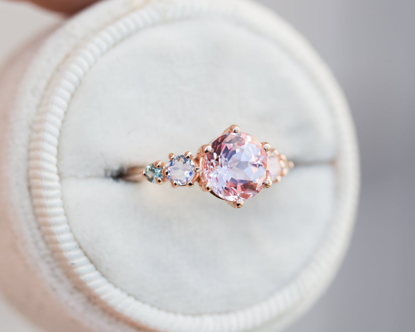 Peach sapphire five stone ring, sailor moon inspired engagement ring
