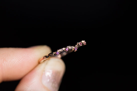 Pink sapphire curved leaf wedding band